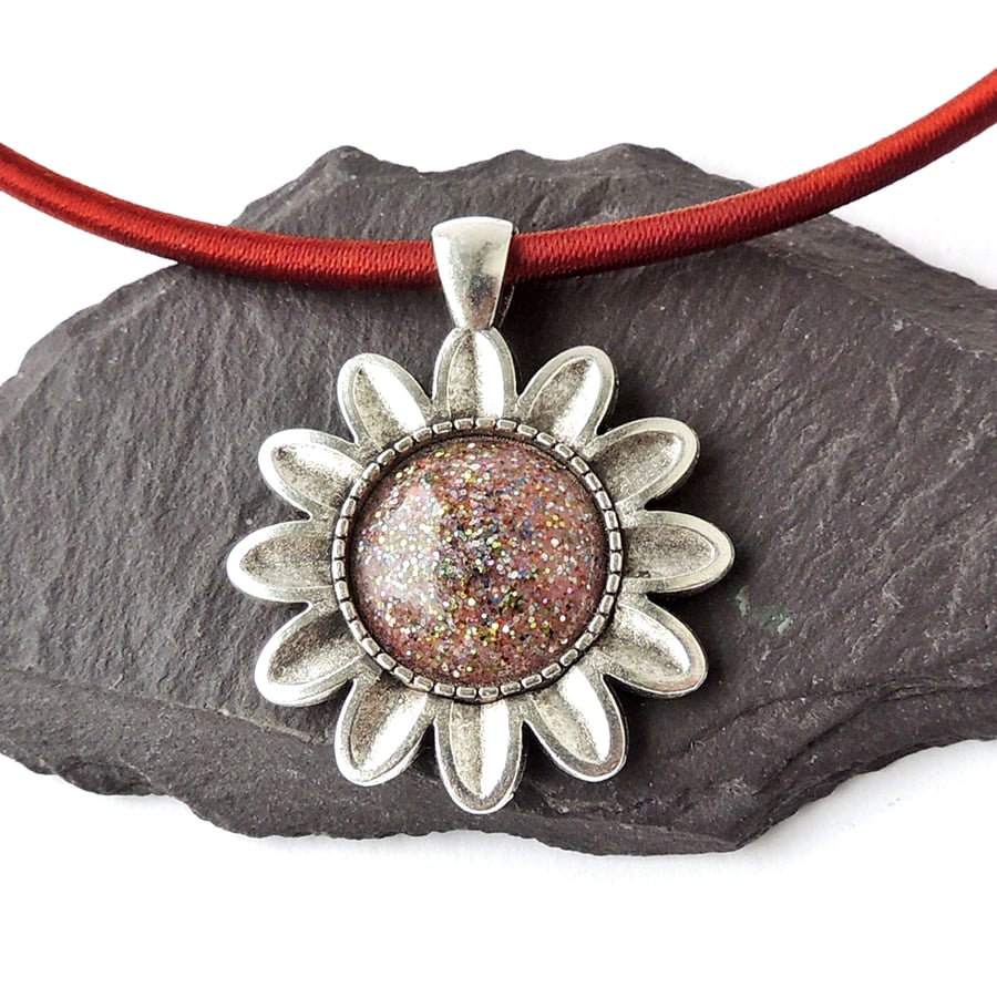 Flower Pendant on Silk Cord Necklace, Double Sided - 884
