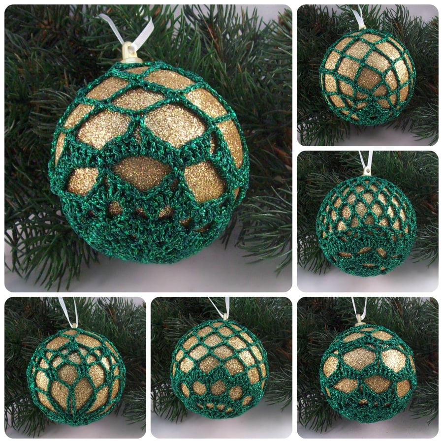 Christmas baubles boxed set of 6 large decorated with crochet lace