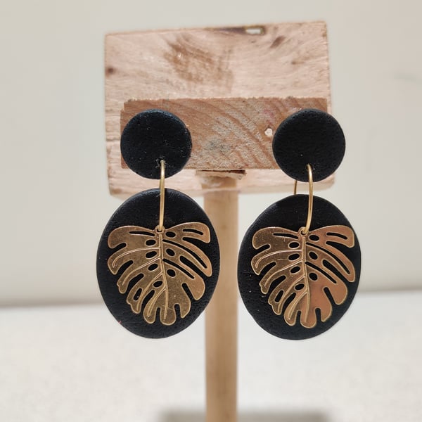 Black and gold textured  oval monstera earrings  