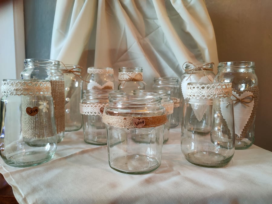 12 upcycled assorted table centerpiece jars vases for flowers or candles 