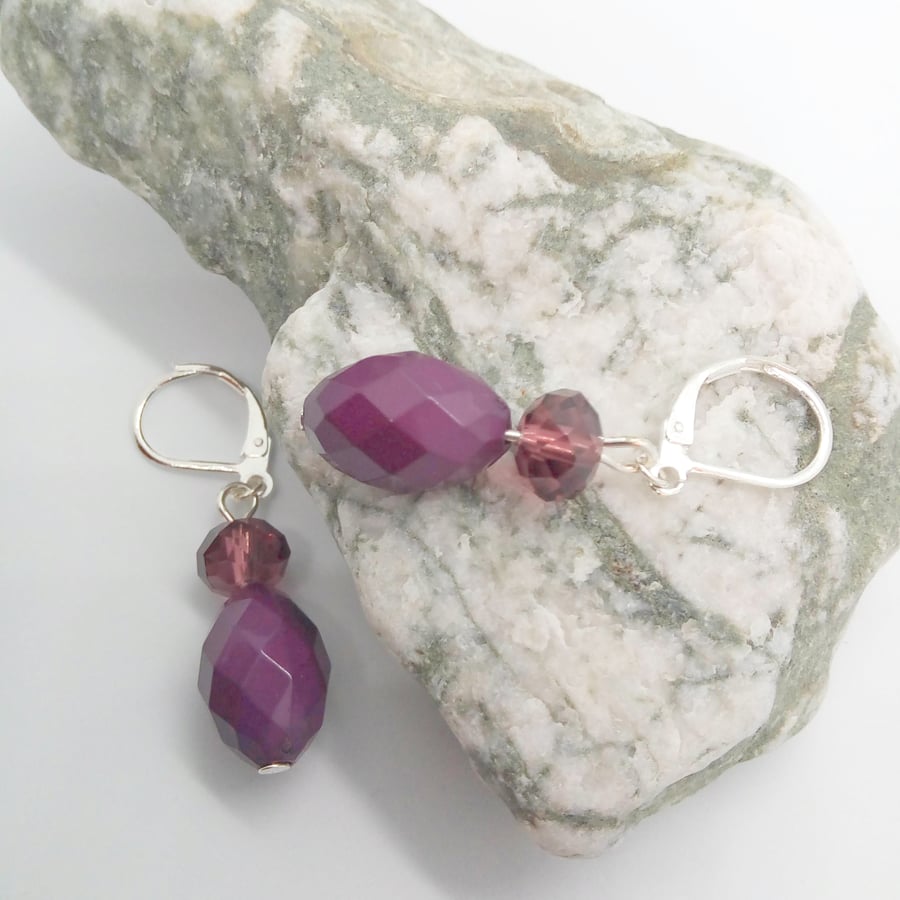 Purple Glass Bead and Crystal Rondelle Dangle Earrings for Pierced Ears