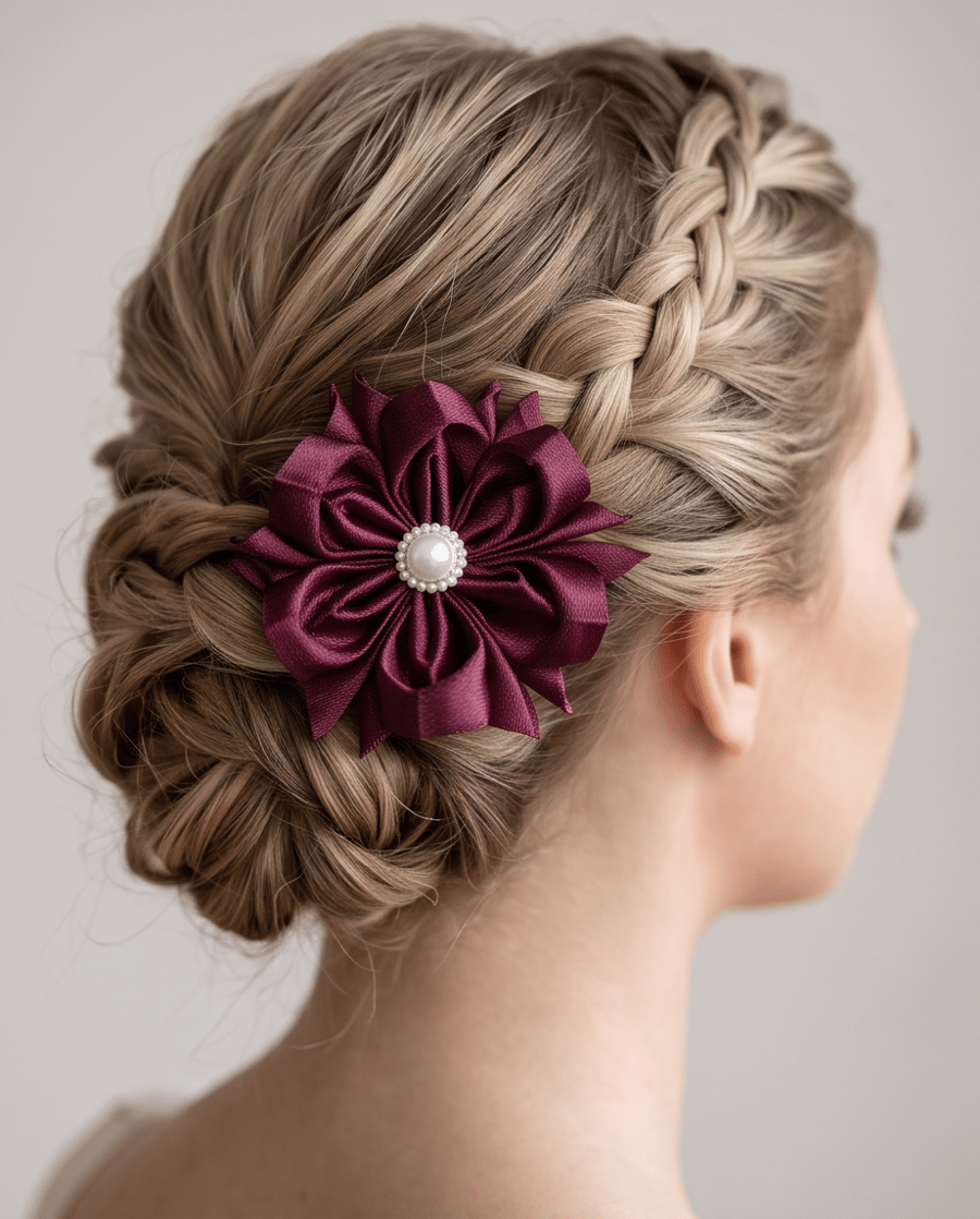 Image of Maroon Satin Ribbon Flower Hair Accessory– Handmade Elastic Hairband