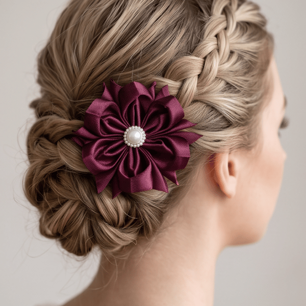 Maroon Satin Ribbon Flower Hair Accessory– Handmade Elastic Hairband