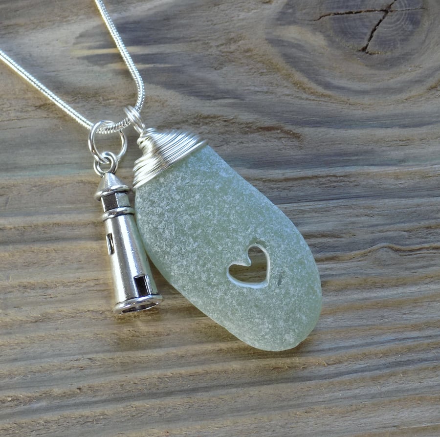 Natural Sea glass heart wire wrapped pendant
