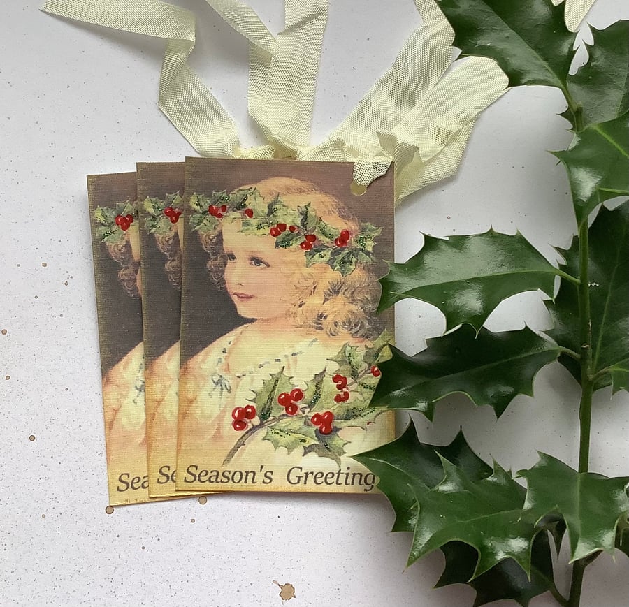 CHRISTMAS GIFT TAGS ( set of 3) ' Little Miss Holly ' . Vintage-style.