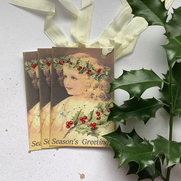 CHRISTMAS GIFT TAGS ( set of 3) ' Little Miss Holly ' . Vintage-style.