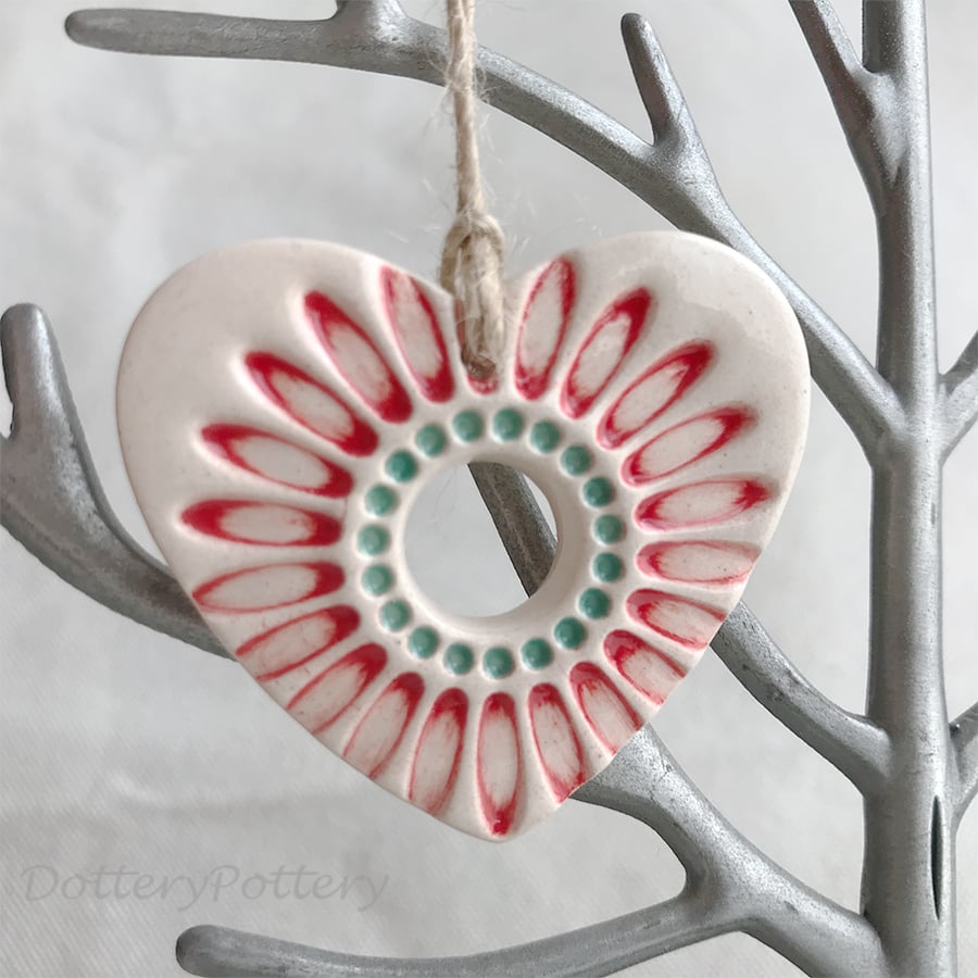 Small Ceramic heart decoration with red daisy