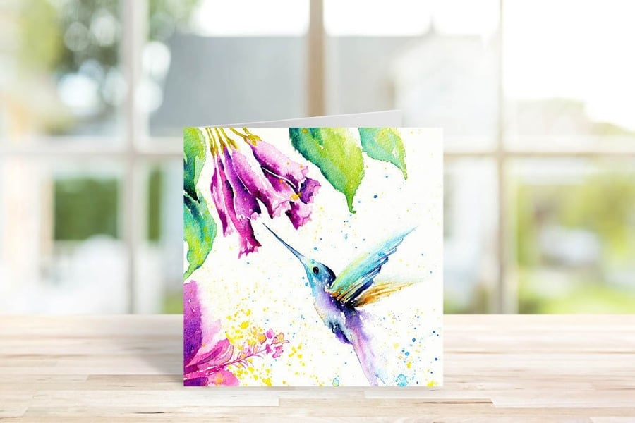 Hummingbird with Tropical Flowers Art Card - Blank for Own Message Pretty Birds 