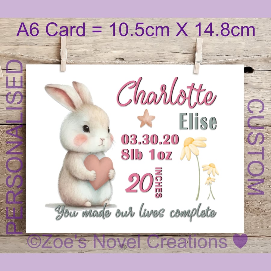 Baby Birth Announcement Greetings Card, personalised, A6 10.5cm x 14.8cm