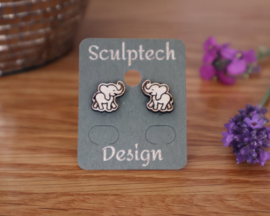 Wood Elephant Earrings, Cute Baby Elephant Studs with Hypoallergenic Posts Gifts