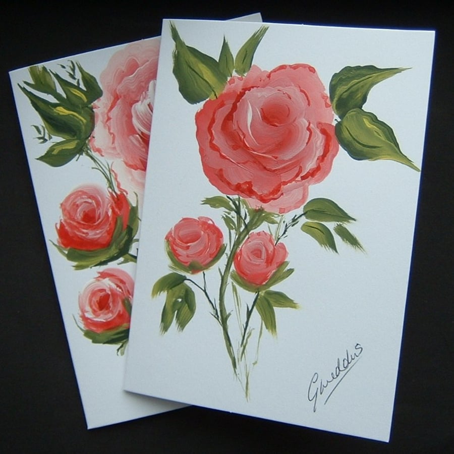 TWO Original Hand painted roses greetings cards 53