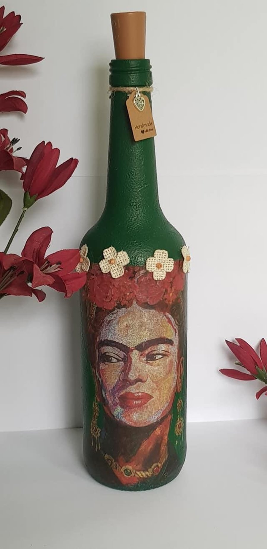 Decoupage Frida Kahlo light bottle