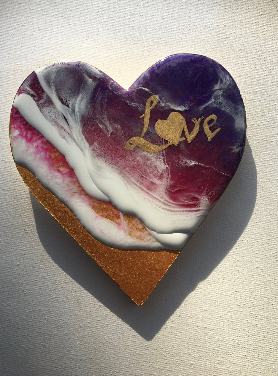 Heart, abstract ocean,  resin painting, love, reddish purple  