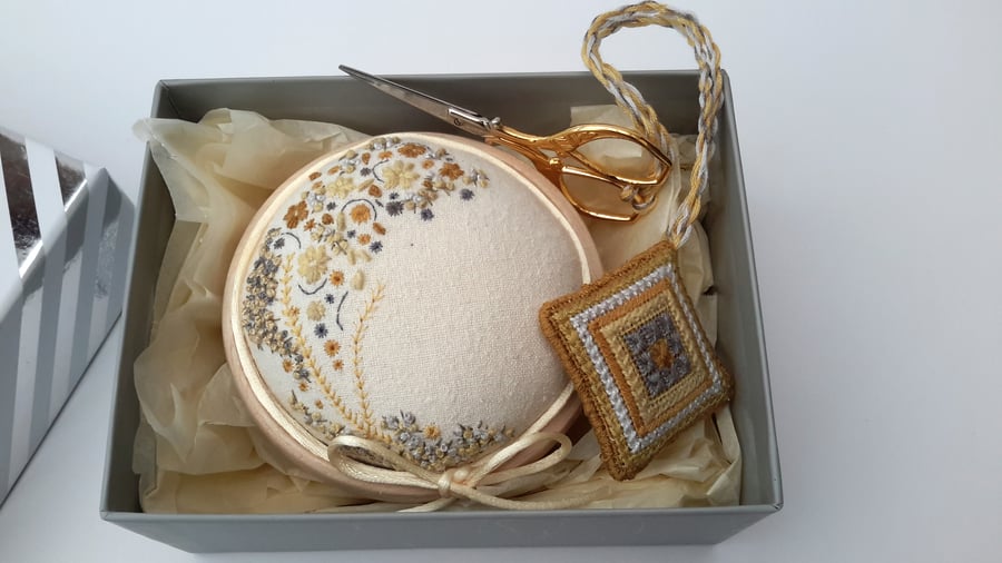 Pincushion Gift Set,Pin cushion,scissors & fob,hand embroidered boxed gift set  