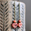 Coral Pink Heart Earrings. Czech Glass Earrings. Heart Shaped Earrings