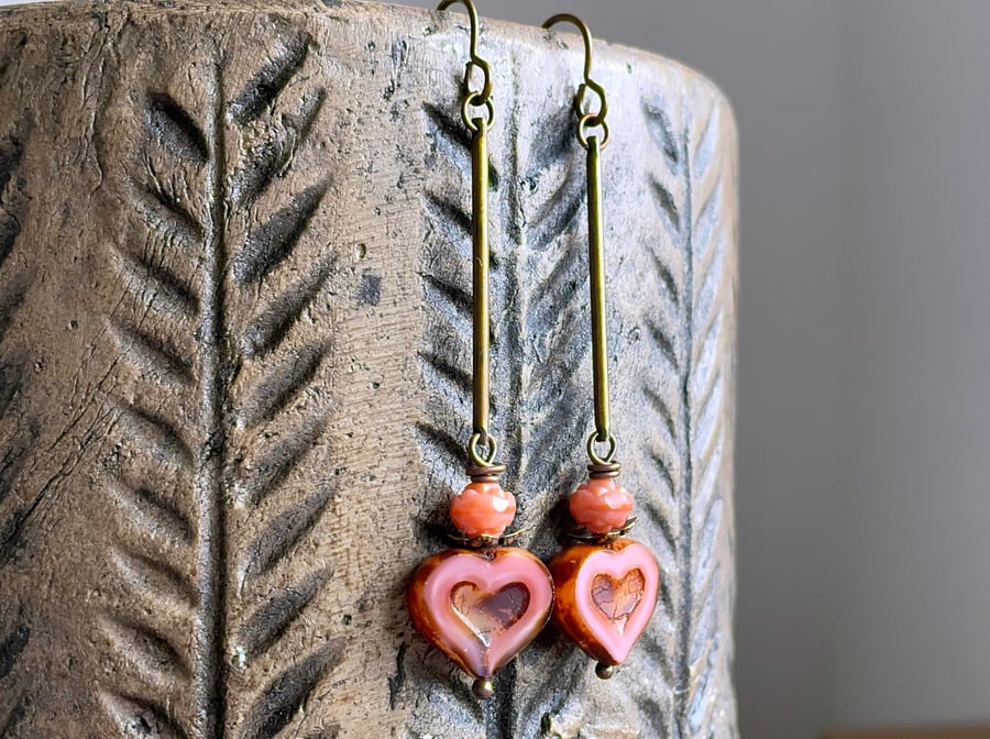 Coral Pink Heart Earrings. Czech Glass Earrings. Heart Shaped Earrings