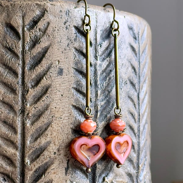 Coral Pink Heart Earrings. Czech Glass Earrings. Heart Shaped Earrings