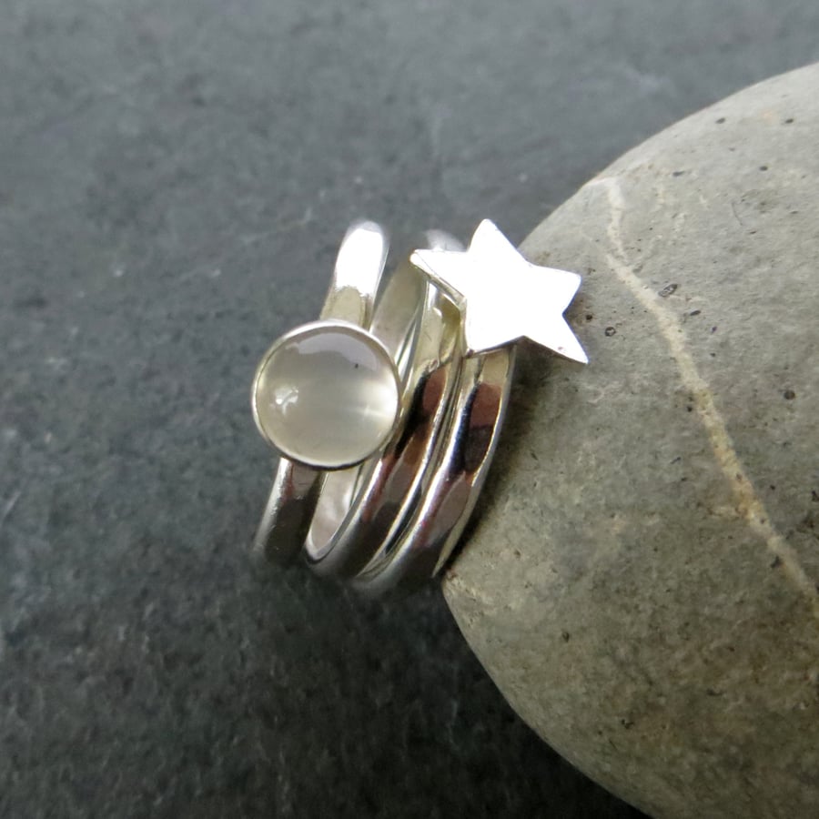 Moonstone Stacking Ring Set, Silver Star Ring, June Birthstone Ring