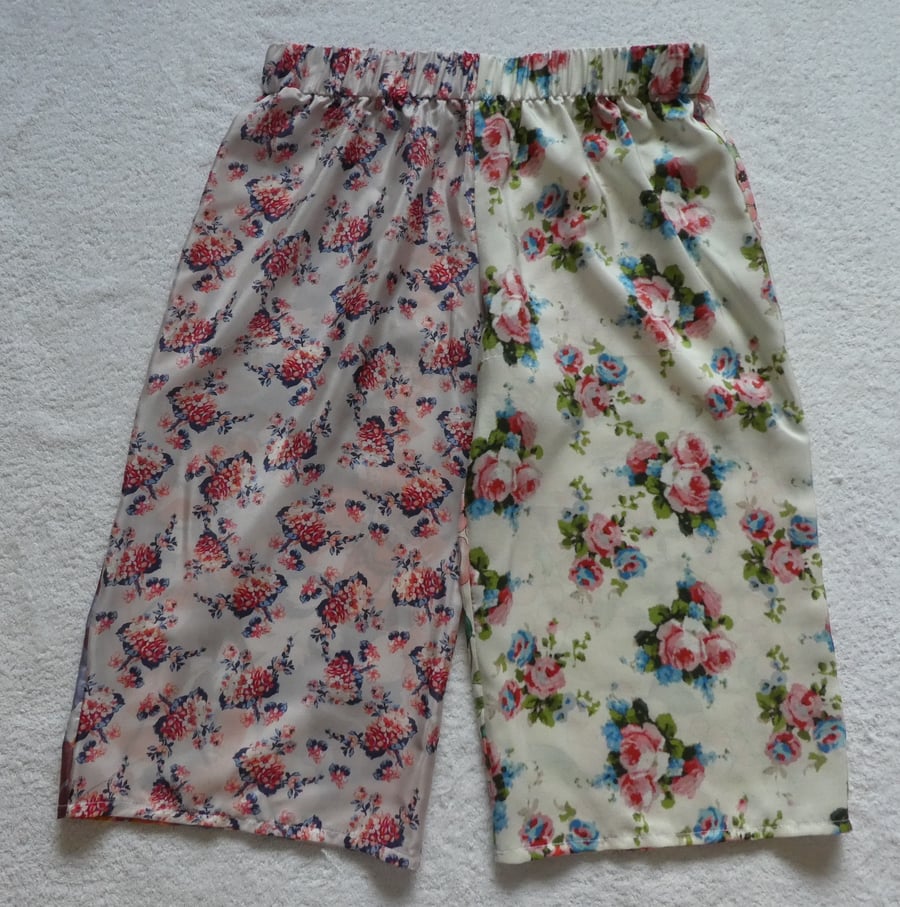 Silk Mid Length Multi Patterned Trousers Elasticated Waist. Ladies M-L.Pink rose