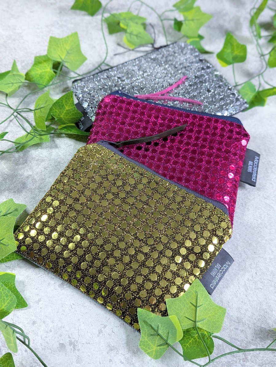 Faux Sequin Metalic Sparkle and Recycled Denim Purse Pouch or Makeup Bag