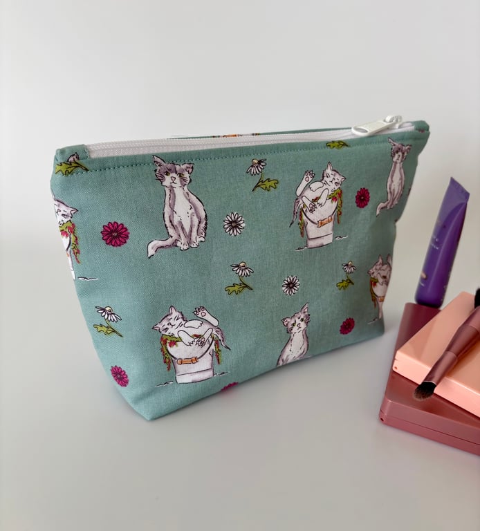 Make up bag, small toiletry bag, water resistant lining, in fun white cat print
