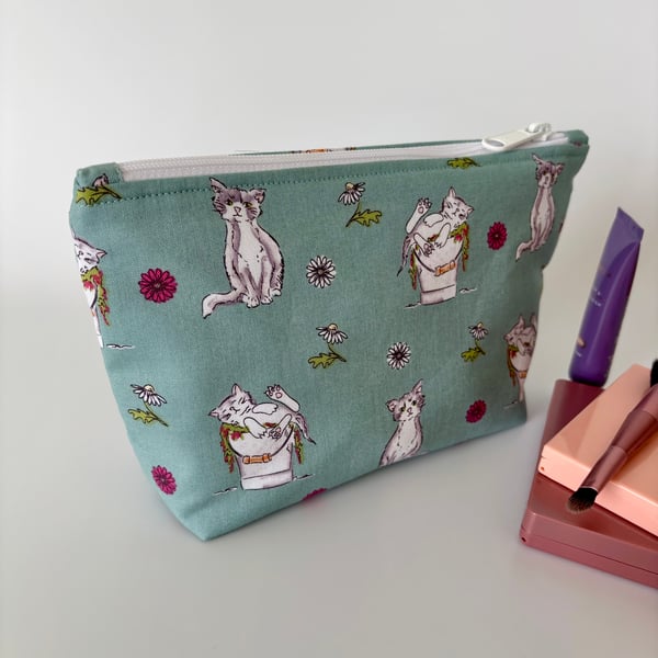 Make up bag, small toiletry bag, water resistant lining, in fun white cat print
