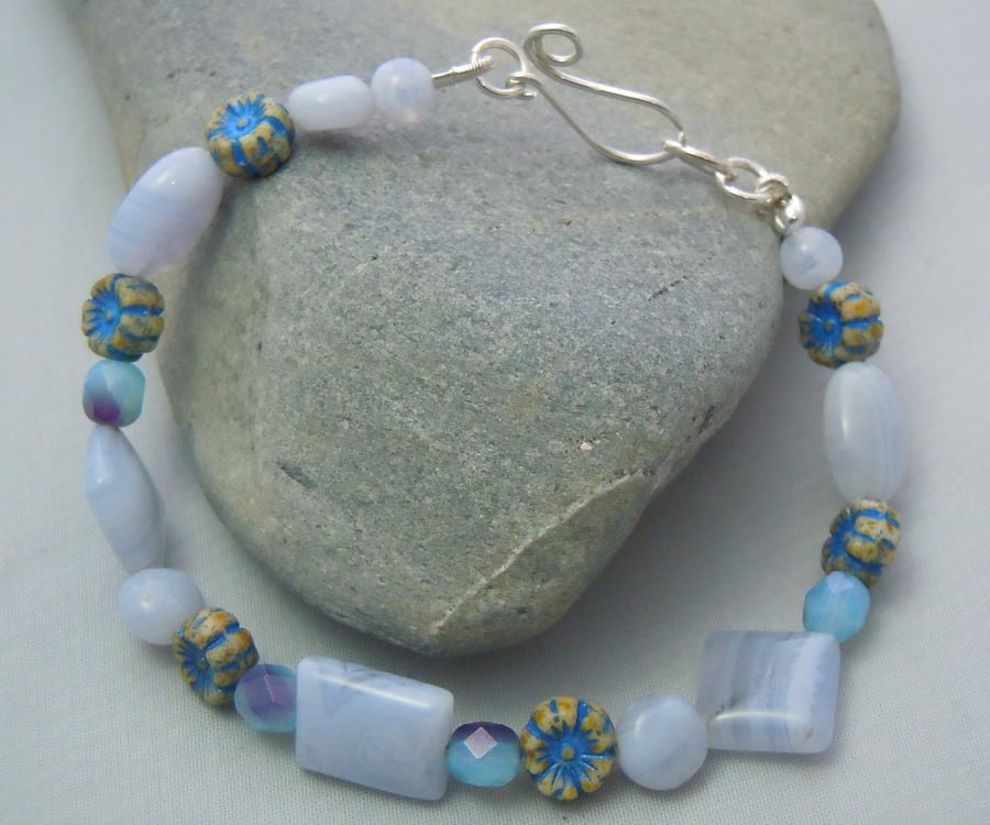 Sterling Silver, semiprecious Blue Lace Agate & Czech glass bracelet