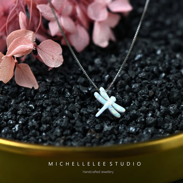 Dragonfly White Fire Opal Necklace With 925 Sterling Silver Chain