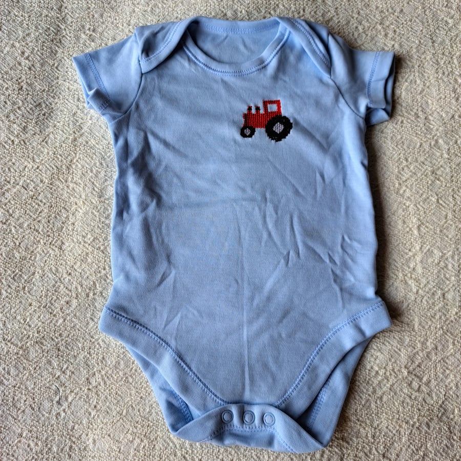Tractor, baby vest, age 3-6 months, hand embroidered