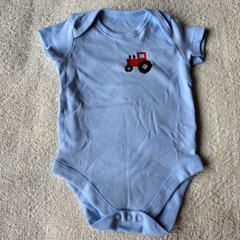 Tractor, baby vest, age 3-6 months, hand embroidered