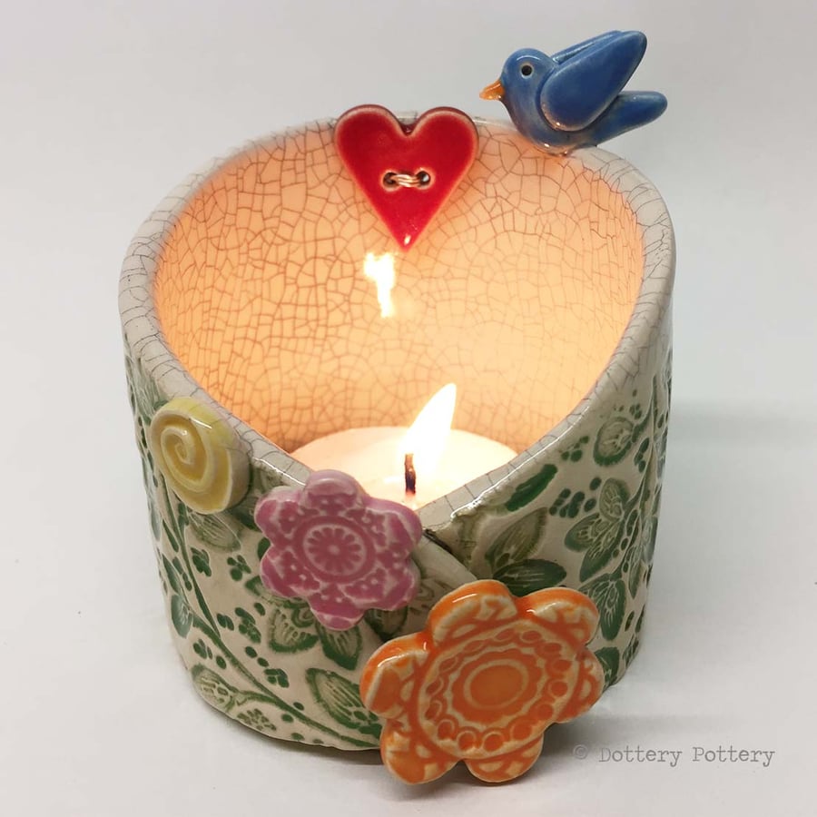 Pottery bird woodland scene candle holder ceramic dish trinket pot
