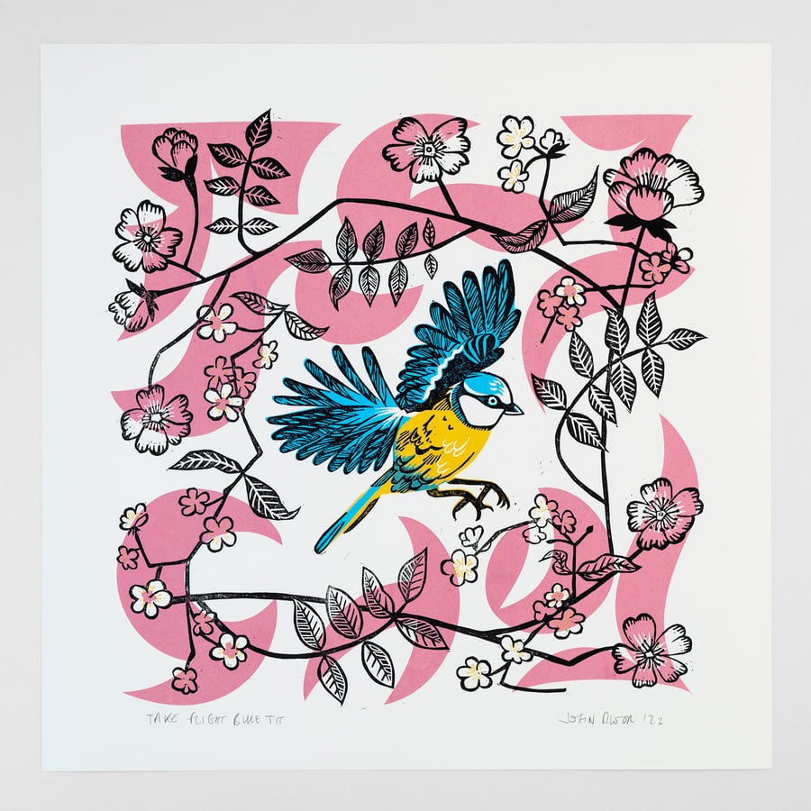 Take Flight Blue Tit hand printed linocut and screen print