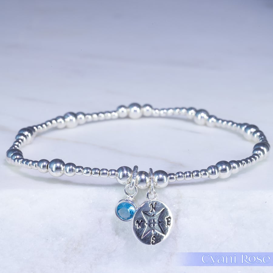 Compass Bracelet Sterling Silver Stretchy blue glass handmade