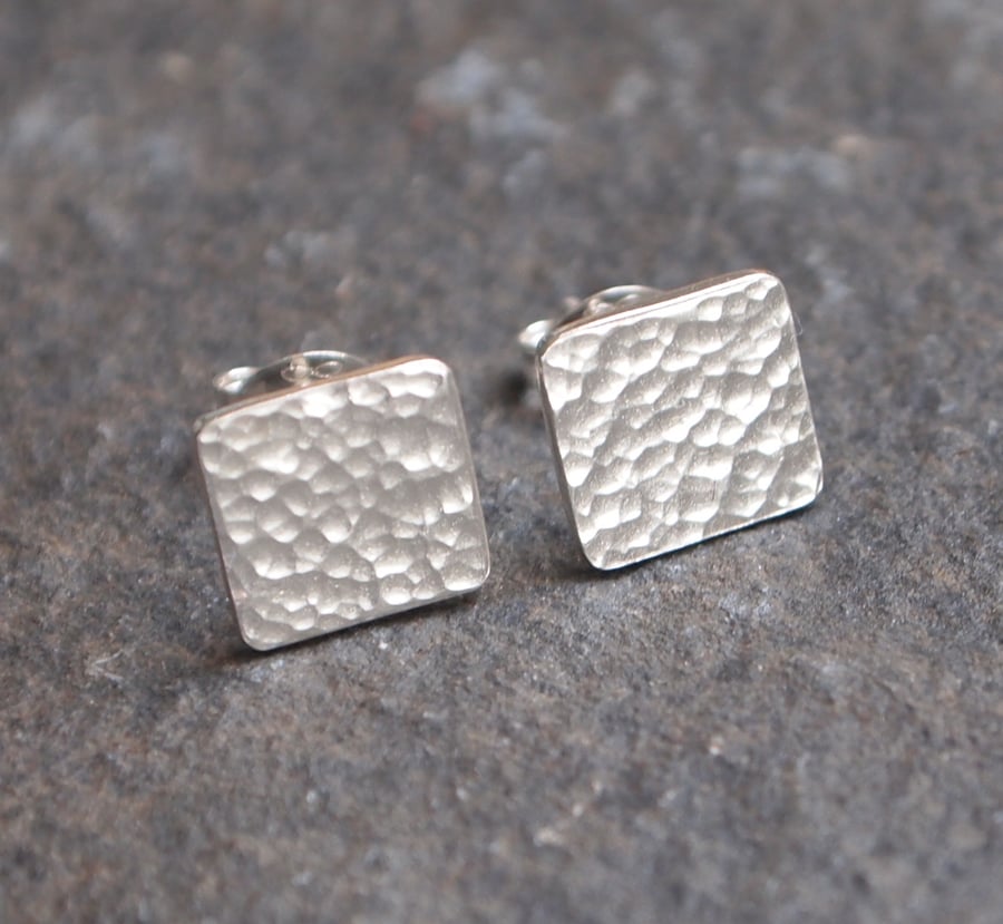 sterling silver stud earrings, square earrings, hammered silver stud earrings