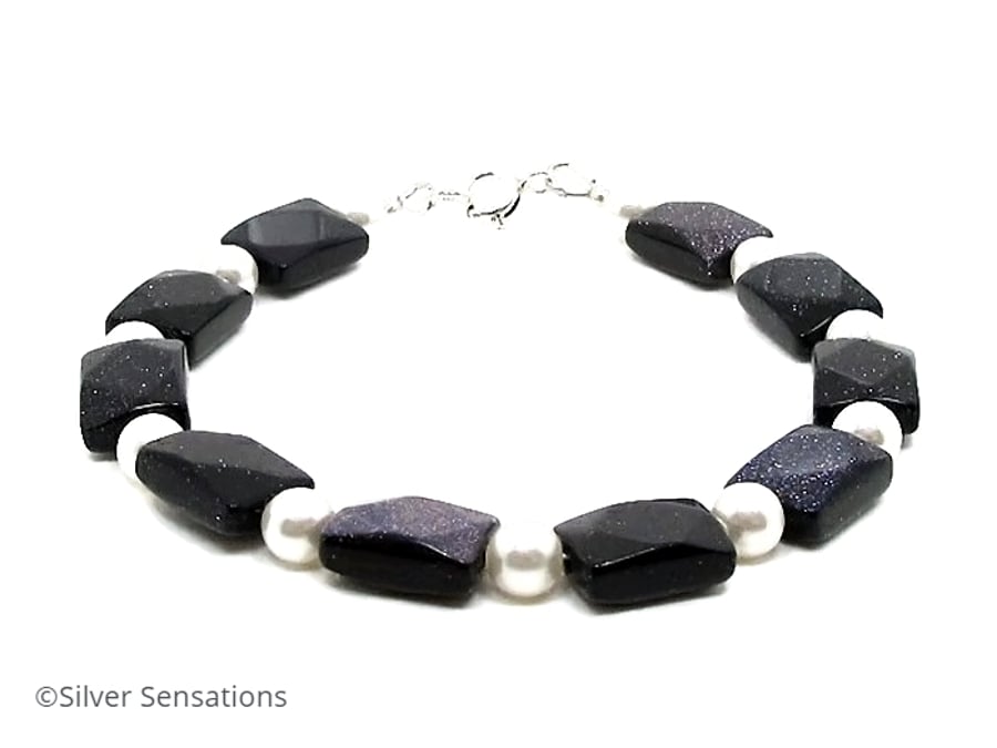 Sparkly Navy Blue Goldstone & White Swarovski Pearls Bracelet