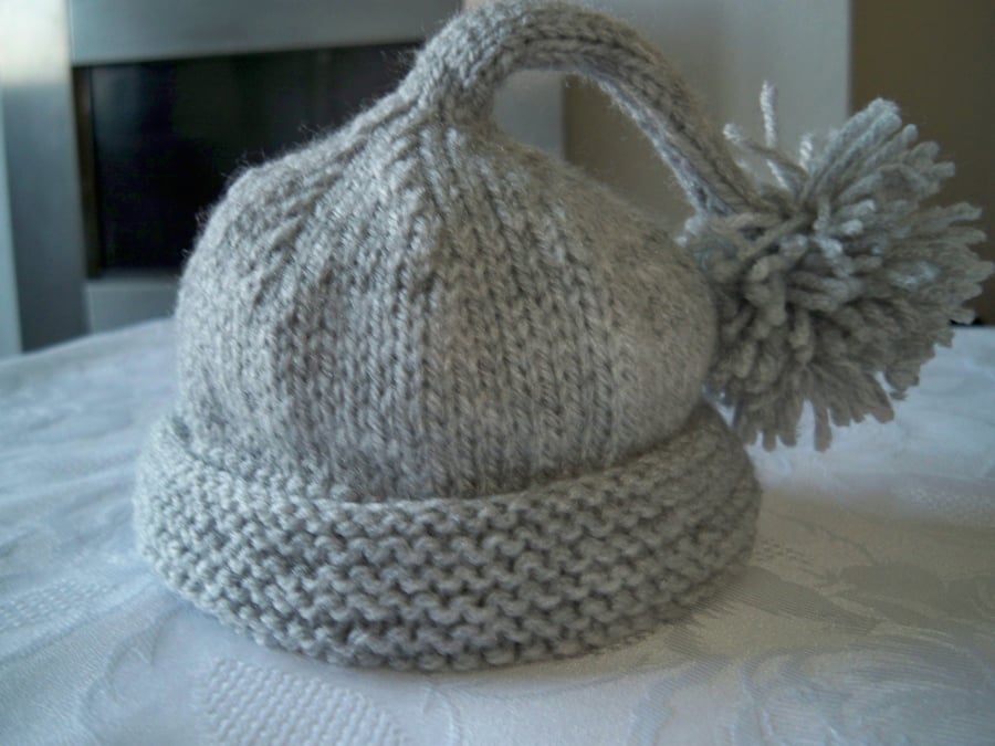 Beautiful hand knitted Grey baby pixie hat fits Newborn 