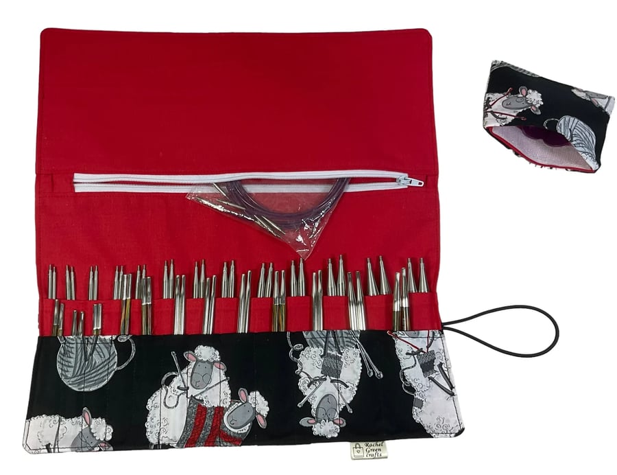 Interchangeable knitting needle case with black knitting sheep, holds 2 sets,