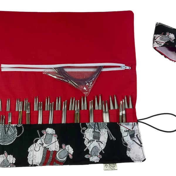 Interchangeable knitting needle case with black knitting sheep, holds 2 sets,