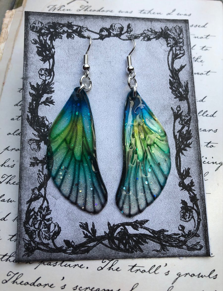 Blue and Green Sparkling Fairy Wing Earrings