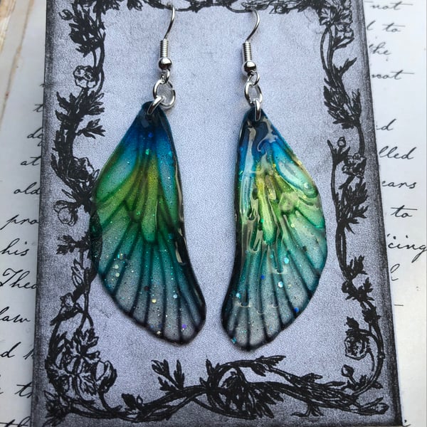 Blue and Green Sparkling Fairy Wing Earrings