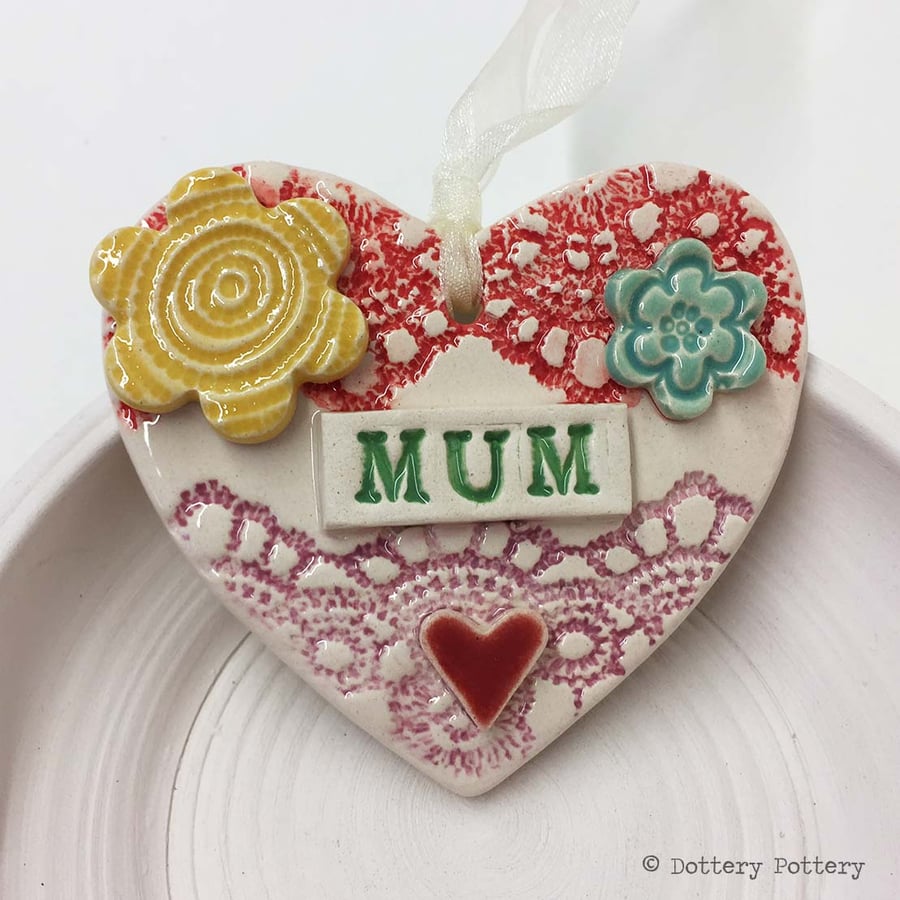 Pottery decoration Mum Heart Ceramic lace pattern Mother's Day