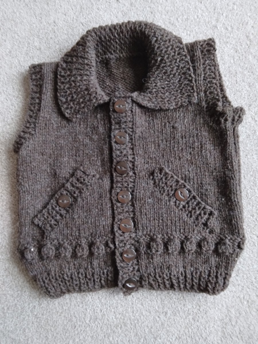 Childs chunky handknit waistcoat gilet body warmer. Brown 2-3.yrs Seconds Sunday