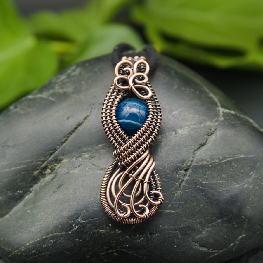Copper Wire Woven Pendant with Blue Agate Fig Folksy