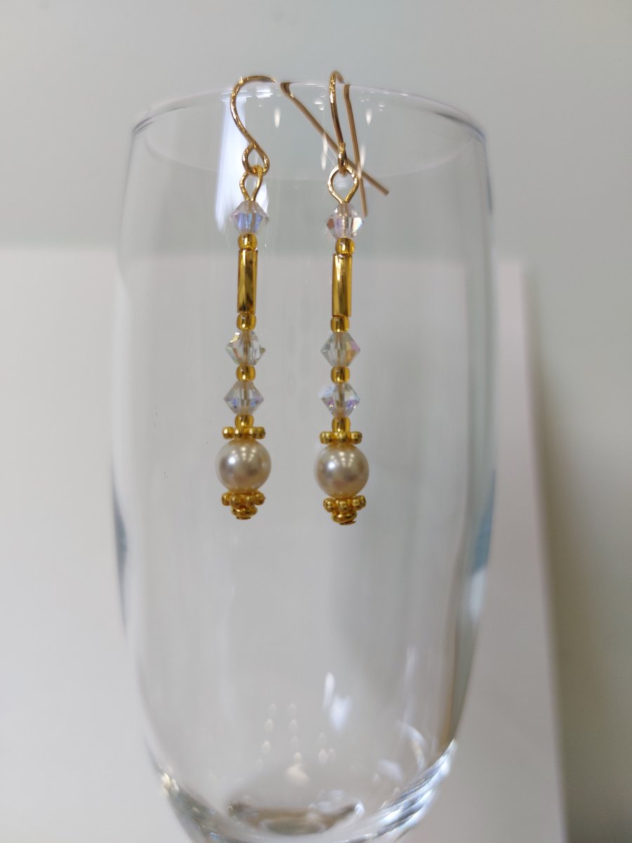Swarovski Pearl and Crystal Drop Earrings Gold PLated