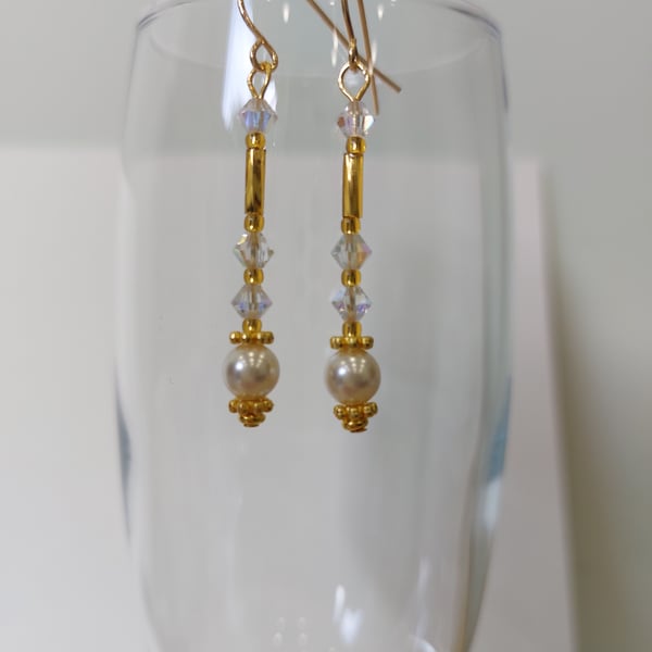 Swarovski Pearl and Crystal Drop Earrings Gold PLated