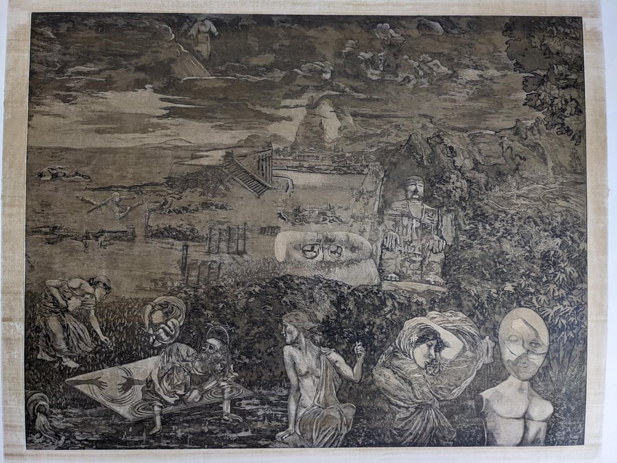 Echoes of the past, aquatint with etching and gold varnish, on paper, signed