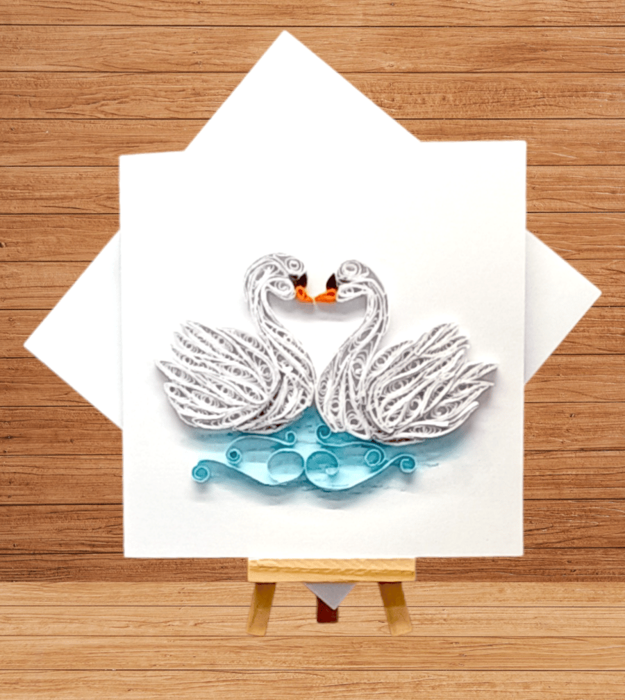 Romantic quilled swans open card art