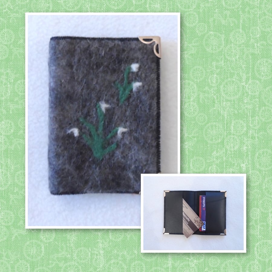 Business, credit card holder, grey felt with snowdrops