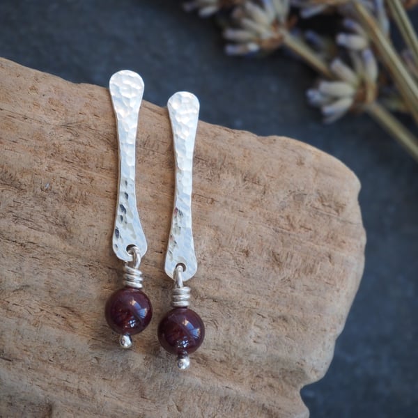 Forged silver rod earrings with garnet, handmade dangle stud earrings