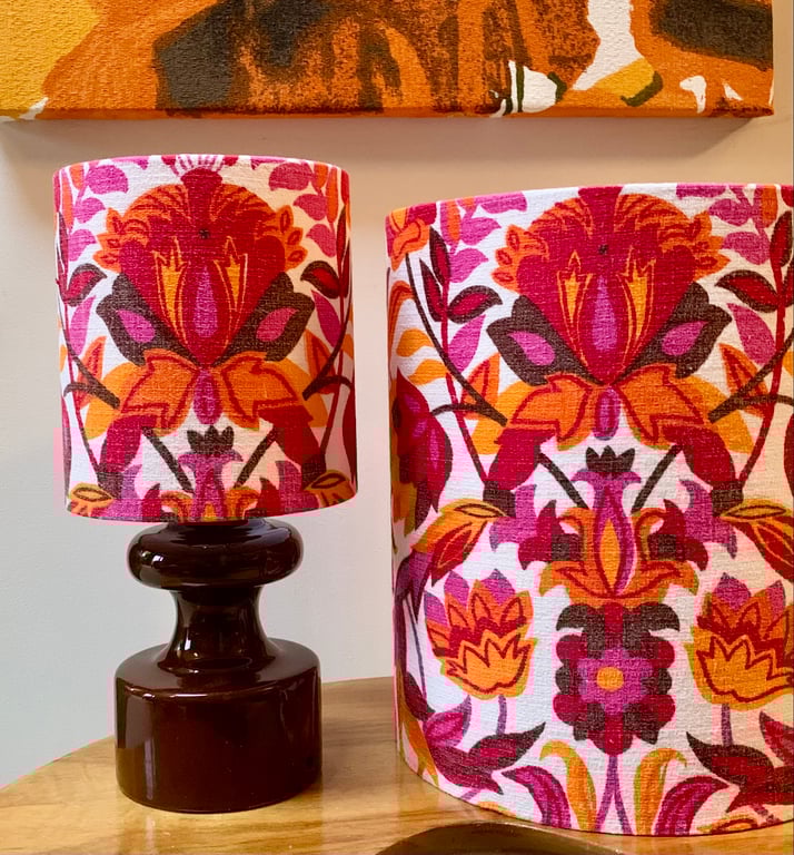 Retro BRIGHT Art Nouveau Pink Orange Floral 60s 70s Vintage Fabric Lampshade